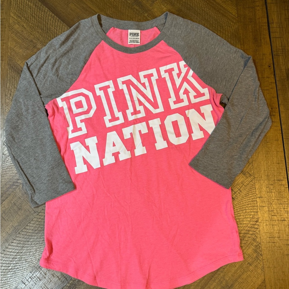 PINK NATION Victoria's Secret Pink and Gray 3/4 Sleeve Baseball Style Tee